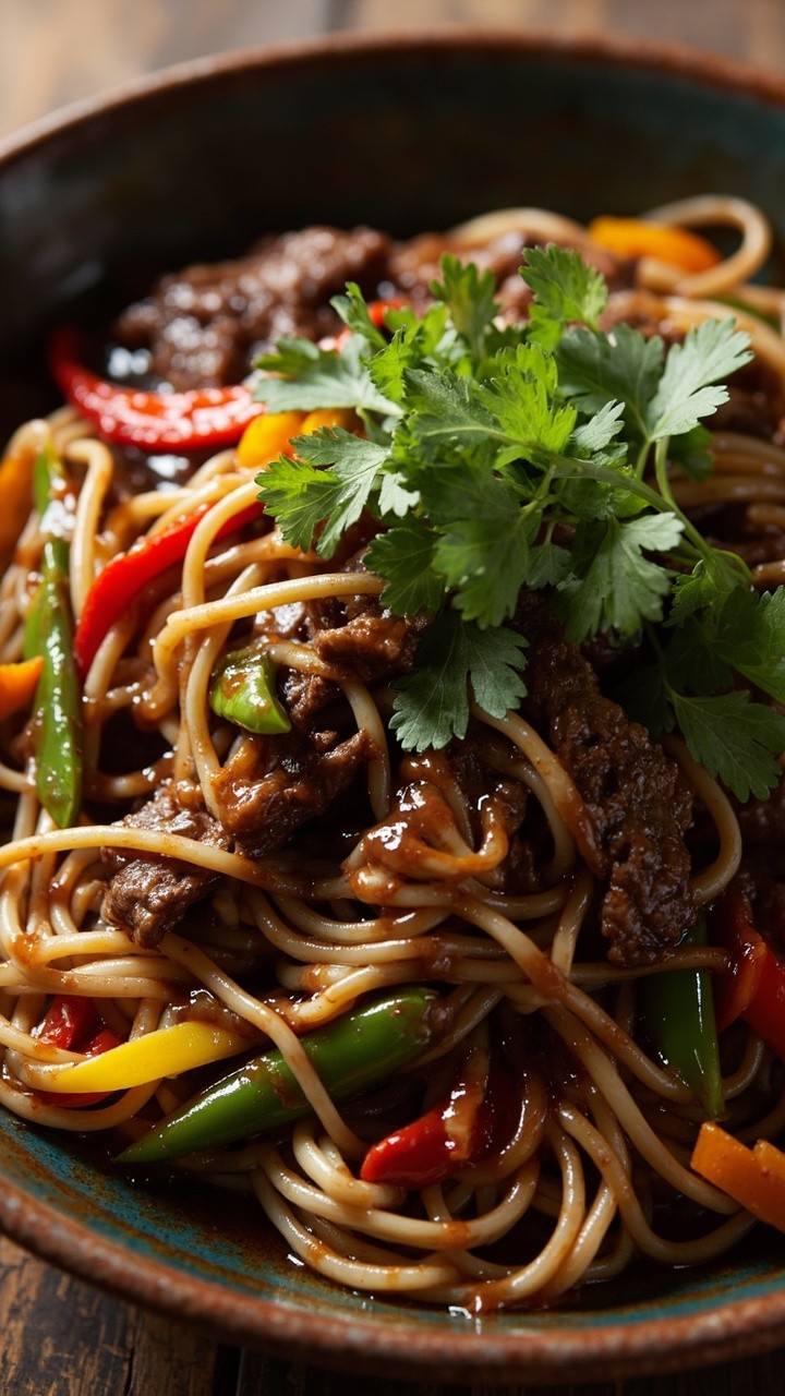 A shallow bowl piled with glossy ramen noodles, stir-fried strips of beef, bell peppers, carrots and snap peas, all coated in a sticky, dark soy-based sauce. A few cilantro leaves rest on top.