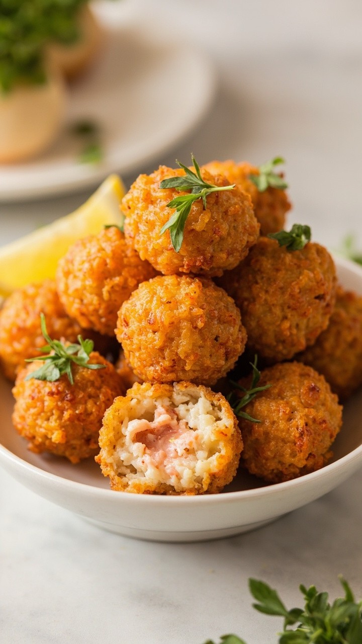 Round, golden risotto balls broken open to show a lobster-filled, creamy center, stacked in a shallow white bowl and garnished with parsley, with a squeeze of lemon alongside.