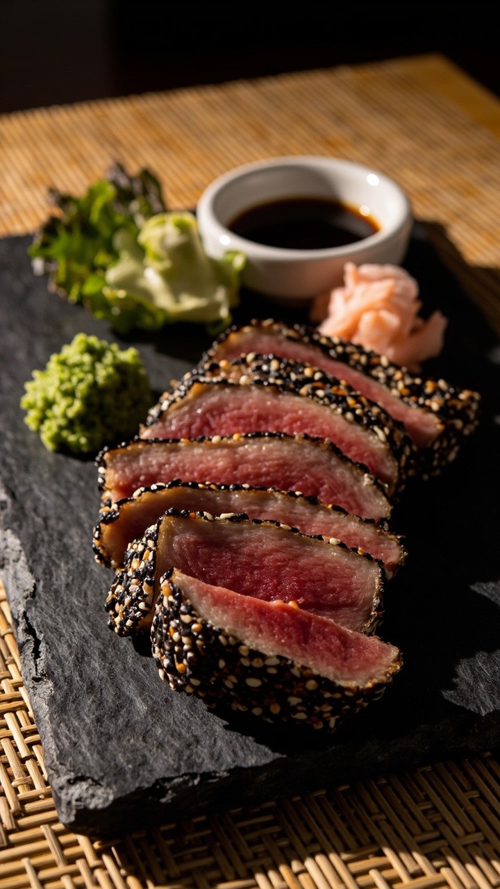 Tuna steak, edges coated in black and white sesame seeds, sliced and arranged on a slate board. Wasabi, thinly sliced pickled ginger, and a small bowl of soy sauce complete the plate, all set on a bamboo placemat.