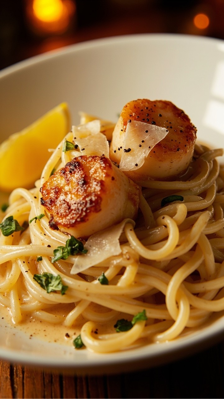 A shallow white bowl heaped with twirls of linguine topped with golden-seared scallops, swimming in a glossy creamy sauce, flecked with chopped parsley and cracked black pepper. Warm light glows on the pale sauce and the scallops are nestled right on top. Parmesan curls are scattered over everything, with a lemon wedge on the rim for brightness.