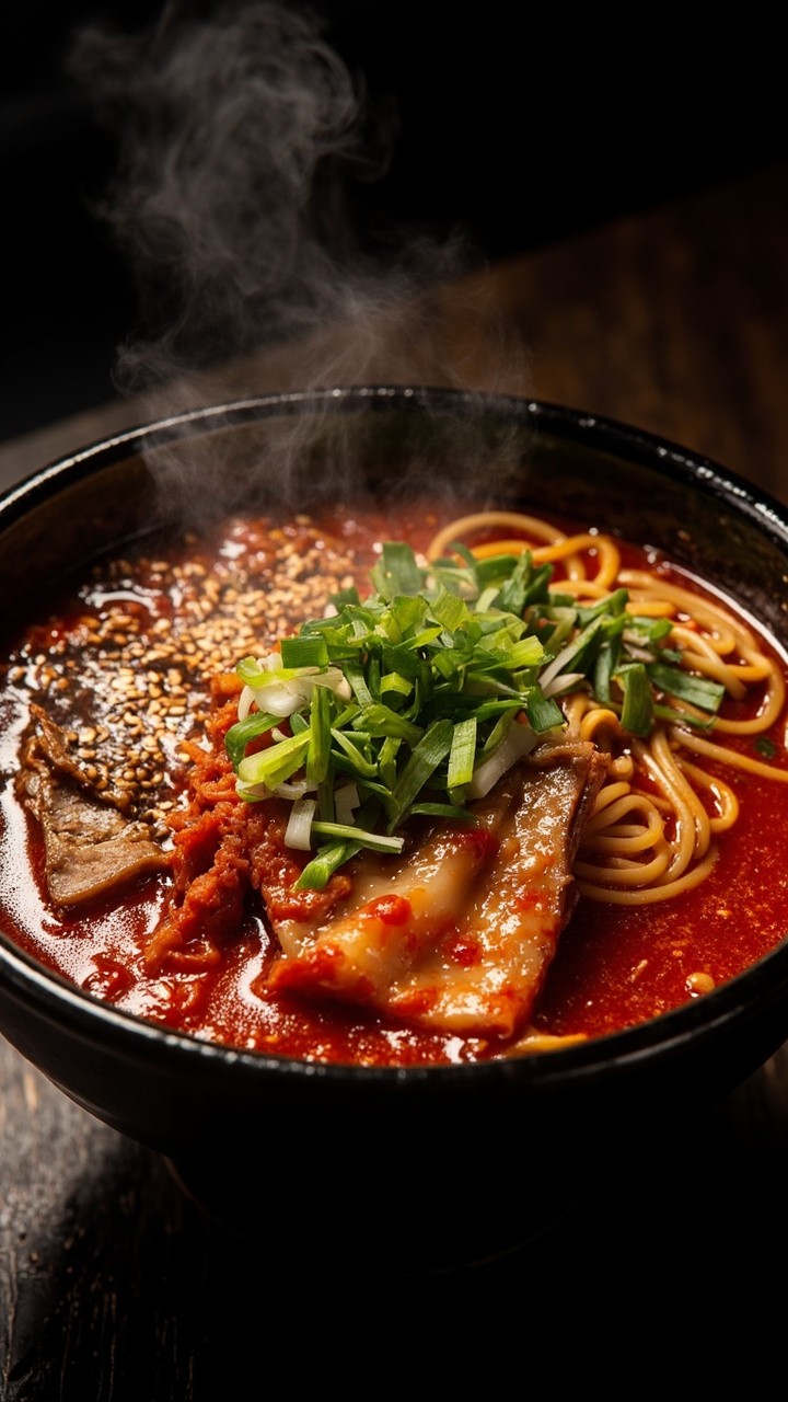 A black ramen bowl filled with fiery red spicy broth, tender beef strips, bright kimchi, ramen noodles, and a handful of green onions with toasted sesame seeds sprinkled over.