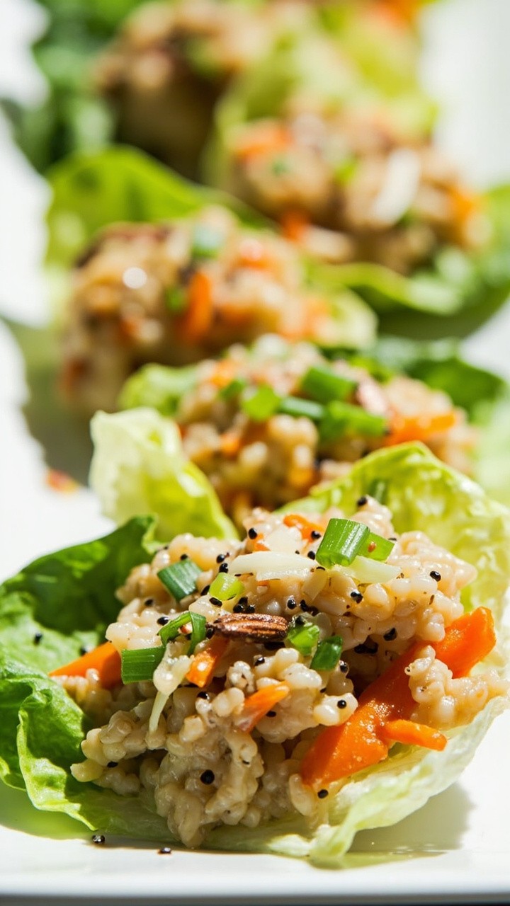 Crisp romaine or butter lettuce cups filled with savory cauliflower rice mixed with finely diced carrots, water chestnuts, and green onions. Garnished with a sprinkle of sesame seeds and a few sliced almonds on a white platter.
