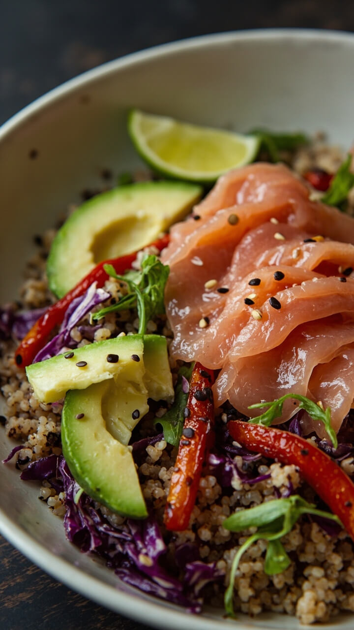 Large shallow bowl with a layer of quinoa, fanned slices of smoked salmon, rows of thinly sliced cucumber, roasted red peppers, shredded purple cabbage, and avocado slices. Sprinkled with sesame seeds, lime wedge on the rim. Large shallow bowl with a layer of quinoa, fanned slices of smoked salmon, rows of thinly sliced cucumber, roasted red peppers, shredded purple cabbage, and avocado slices. Sprinkled with sesame seeds, lime wedge on the rim.
