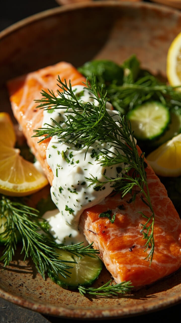 Salmon fillet served with a generous dollop of green-flecked herbed yogurt sauce. Scattered fresh dill and mint leaves, a slice of cucumber, and lemon wedges decorate a stoneware plate.