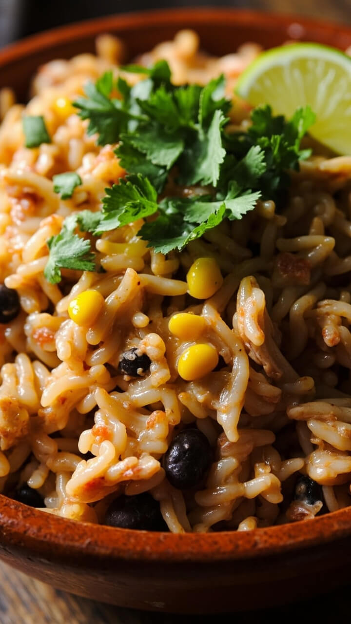 A rustic bowl of creamy Mexican-style rice with shredded chicken, flecks of corn and beans, all coated in a light salsa cream sauce, topped with chopped cilantro and a lime wedge on the side.