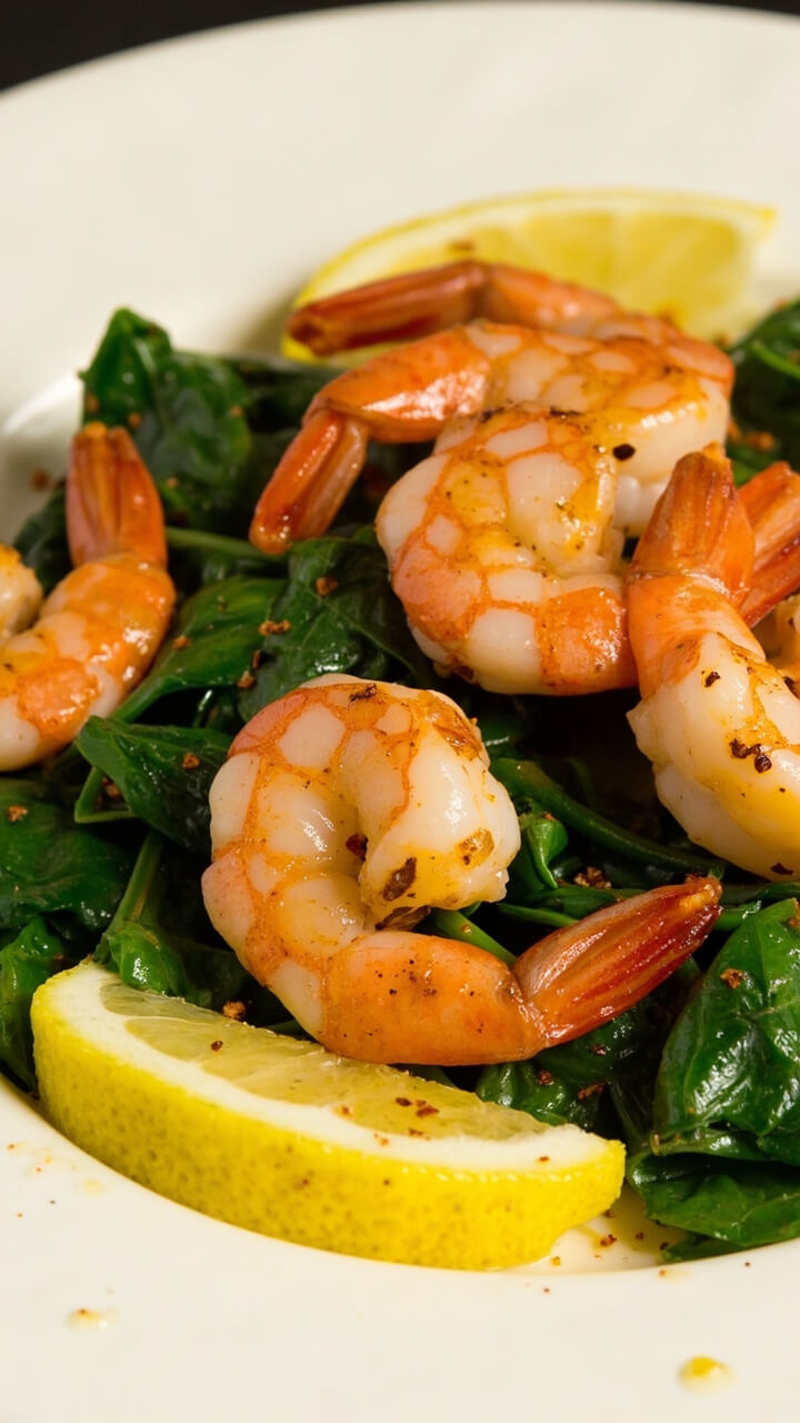 Juicy pink shrimp with a hint of char, sautéed on a platter with wilted spinach and plenty of lemon wedges. Light olive oil glistens, a few flecks of chili flake, and the whole dish on a simple white dinner plate. Juicy pink shrimp with a hint of char, sautéed on a platter with wilted spinach and plenty of lemon wedges. Light olive oil glistens, a few flecks of chili flake, and the whole dish on a simple white dinner plate.