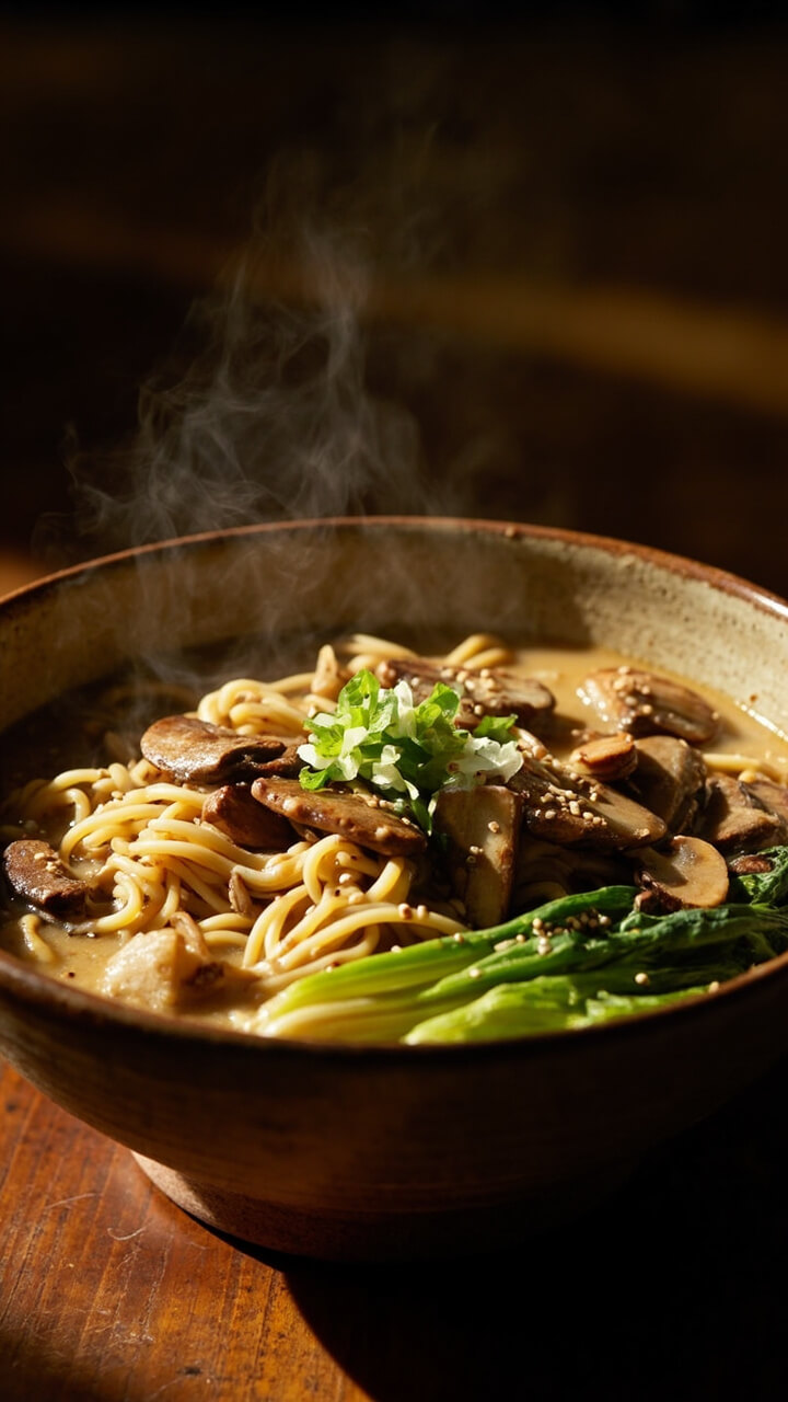Creamy miso broth studded with sliced shiitake and cremini mushrooms, curly noodles, and bright green bok choy, topped with sesame seeds and a sprinkle of chopped scallions in a rustic ceramic bowl. Creamy miso broth studded with sliced shiitake and cremini mushrooms, curly noodles, and bright green bok choy, topped with sesame seeds and a sprinkle of chopped scallions in a rustic ceramic bowl.