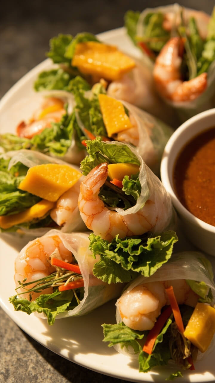 Fresh rice paper rolls packed with pink shrimp, bright mango strips, crisp lettuce, and herbs, neatly sliced and arranged with a dipping sauce on the side. Fresh rice paper rolls packed with pink shrimp, bright mango strips, crisp lettuce, and herbs, neatly sliced and arranged with a dipping sauce on the side.