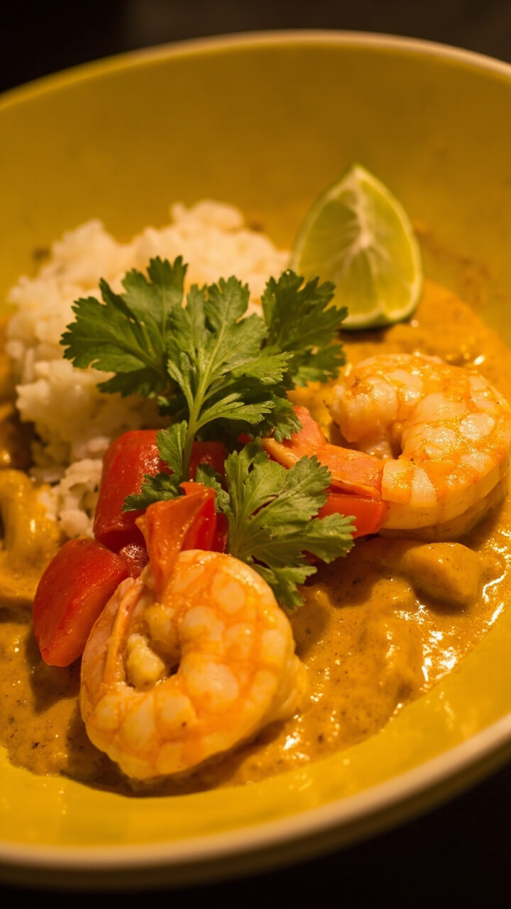 A wide, shallow bowl filled with yellow coconut curry sauce, plump shrimp, and chunks of red bell pepper. Fresh cilantro and a wedge of lime garnish the top, with a scoop of white rice on the side.