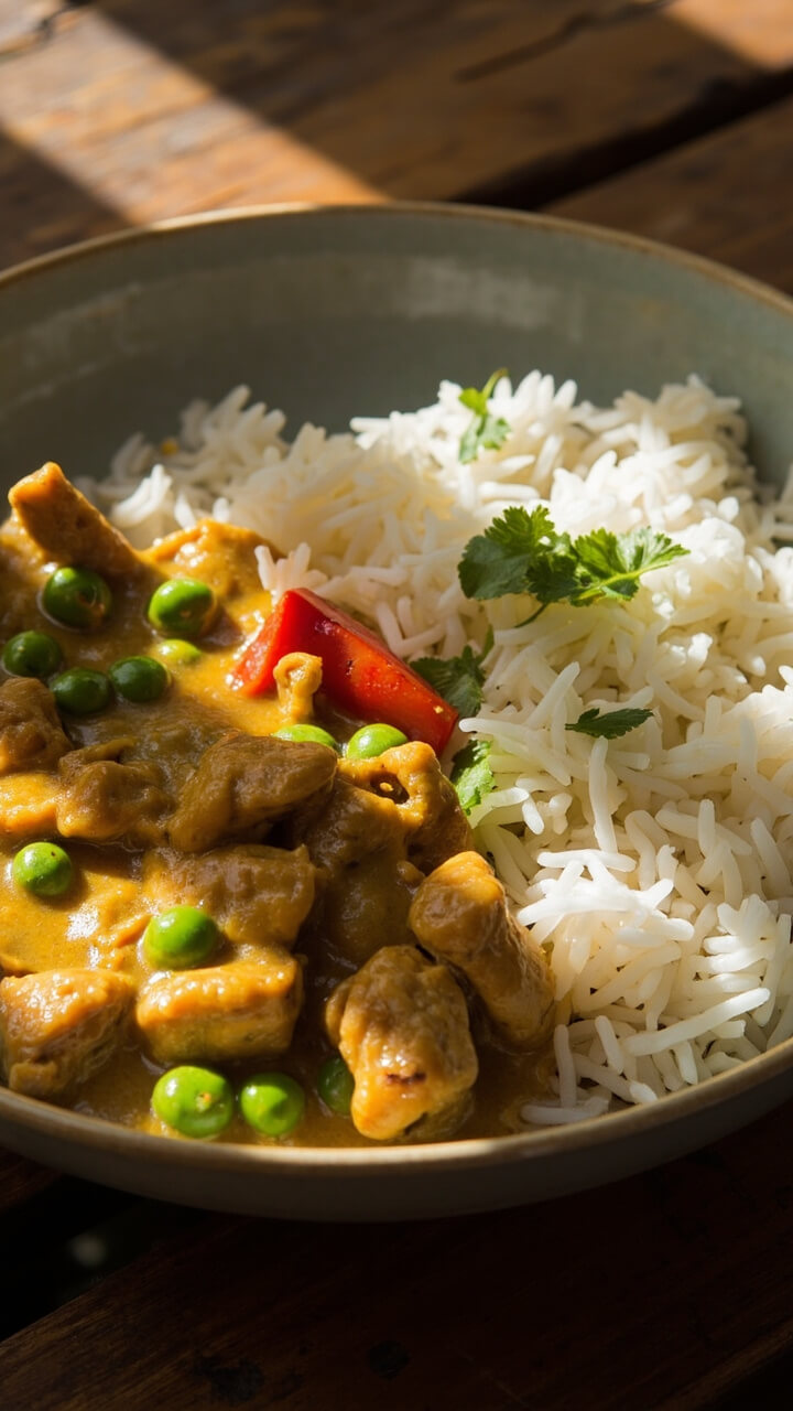A wide bowl with fluffy white rice piled next to creamy coconut curry chicken, dotted with peas and red pepper pieces, and a sprinkle of fresh cilantro on top.