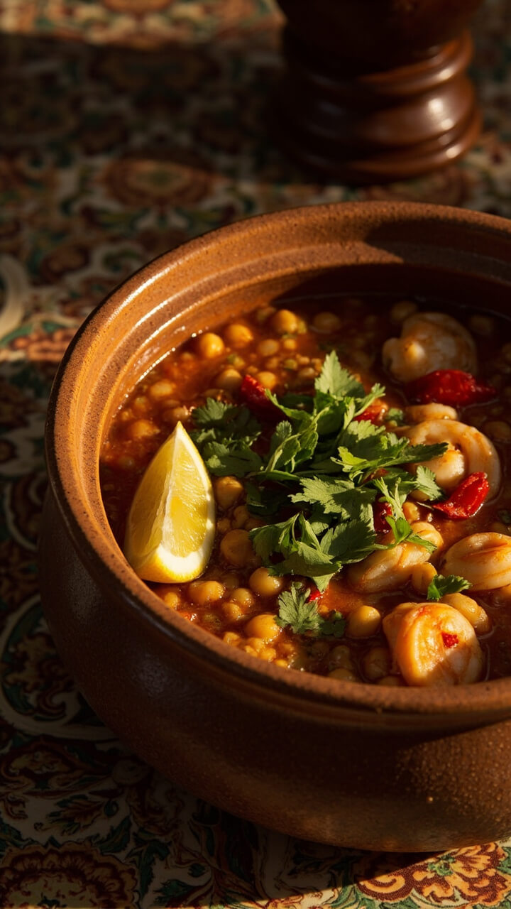 A stoneware bowl of rich, brick-red soup flecked with lentils, chickpeas, white fish, and shrimp. Topped with chopped cilantro and lemon wedges, served on a patterned tablecloth.
