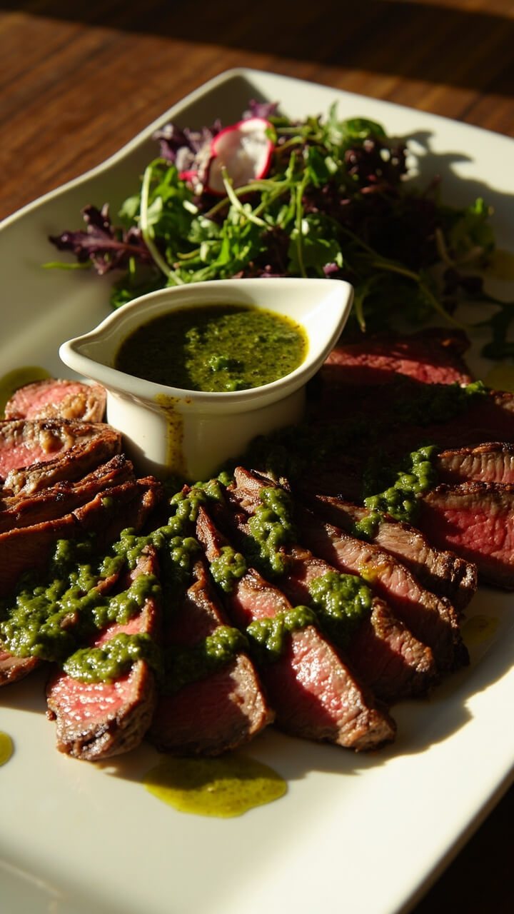 Flank steak sliced and arranged on a white platter, topped with a vivid green chimichurri sauce drizzled over the slices. There’s a bowl of extra chimichurri near the edge and a tangle of arugula salad on the side. The steak is seared with a deep brown crust.