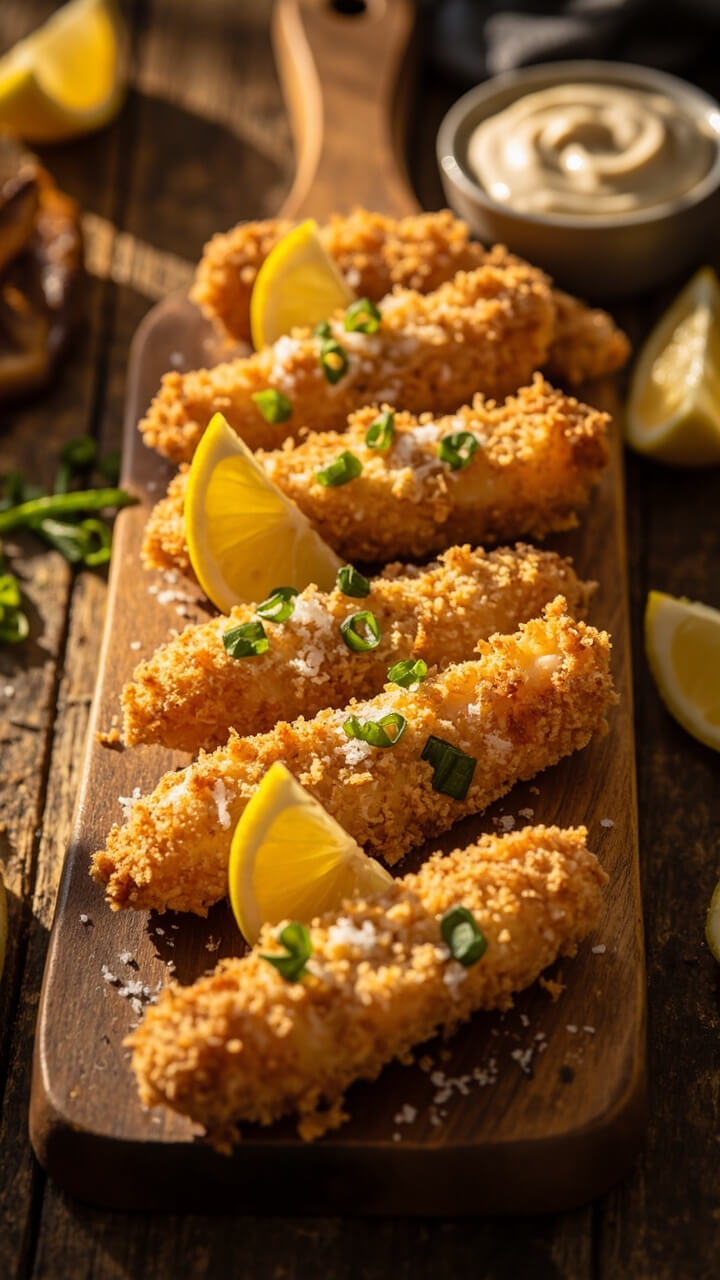 Crunchy golden cod fingers lined up on a rustic wooden board, sprinkled with chopped chives. A ramekin of creamy tartar sauce sits to one side, and lemon wedges nestle between the fish for easy squeezing. The panko coating is visibly crisp, and a few flakes of sea salt shimmer on the crust.