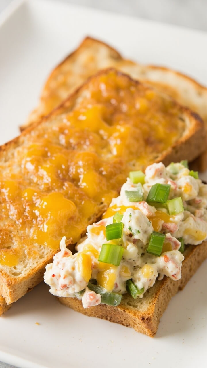 Toasted open-faced sandwich halves, bubbling and golden with melted cheese. The tops show a chunky crab salad mixture with visible bits of celery, green onion, and melted cheddar, plated on a simple white dish.