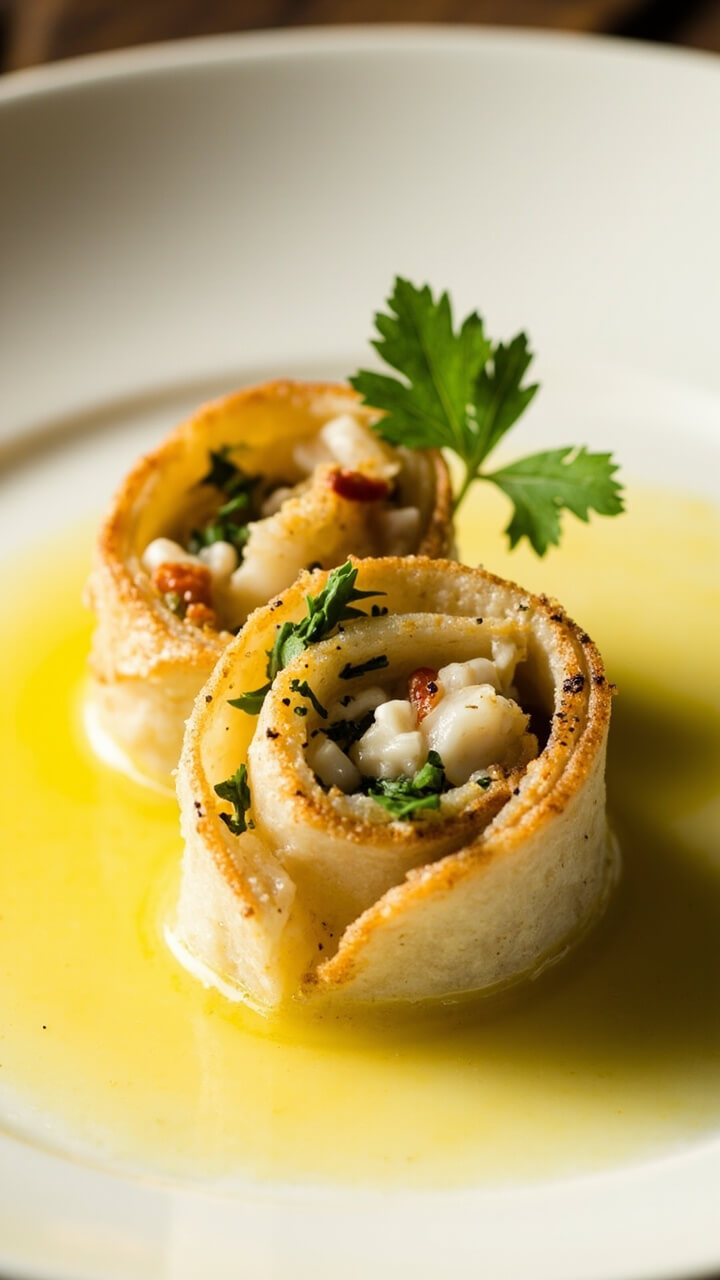 Two sole fillets rolled into spirals with visible crab and green herb stuffing, baked until lightly golden, sitting atop a drizzle of butter on a white plate, with a sprig of parsley. Two sole fillets rolled into spirals with visible crab and green herb stuffing, baked until lightly golden, sitting atop a drizzle of butter on a white plate, with a sprig of parsley.