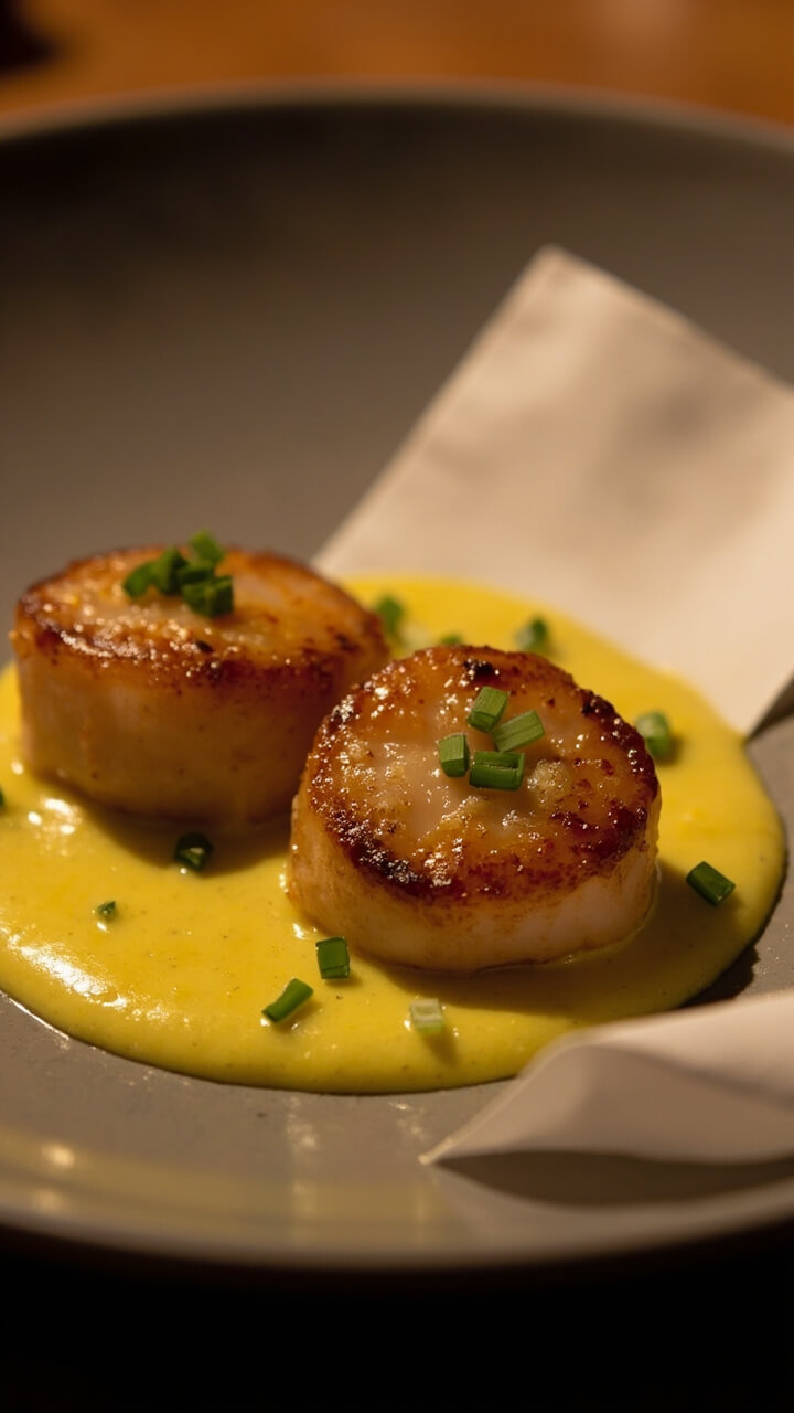 Seared scallops in a pool of pale yellow saffron cream sauce, scattered with snipped chives, served on a slate gray plate with a plain white napkin alongside.