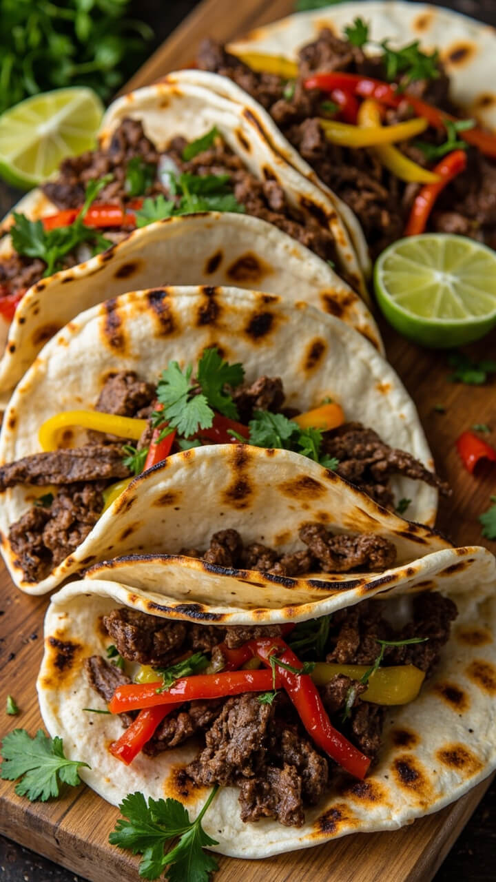 Warm flour tortillas filled with strips of sautéed sirloin, colorful bell peppers, and onions, garnished with fresh cilantro and lime wedges, all arranged on a wooden serving board. Warm flour tortillas filled with strips of sautéed sirloin, colorful bell peppers, and onions, garnished with fresh cilantro and lime wedges, all arranged on a wooden serving board.