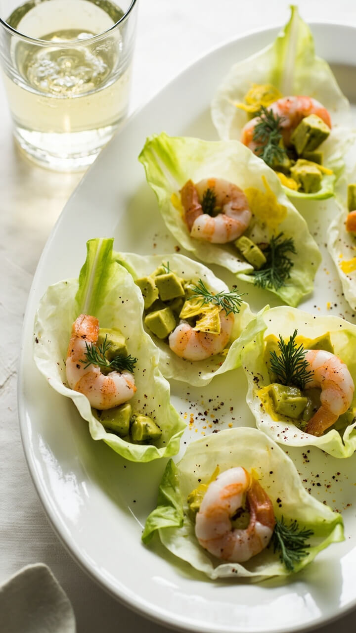 Crisp endive leaves lined up on a white platter, each filled with diced avocado and a pink poached shrimp, topped with a sprinkle of fresh dill and grated lemon zest, flecks of black pepper, with a chilled glass of prosecco nearby. Crisp endive leaves lined up on a white platter, each filled with diced avocado and a pink poached shrimp, topped with a sprinkle of fresh dill and grated lemon zest, flecks of black pepper, with a chilled glass of prosecco nearby.