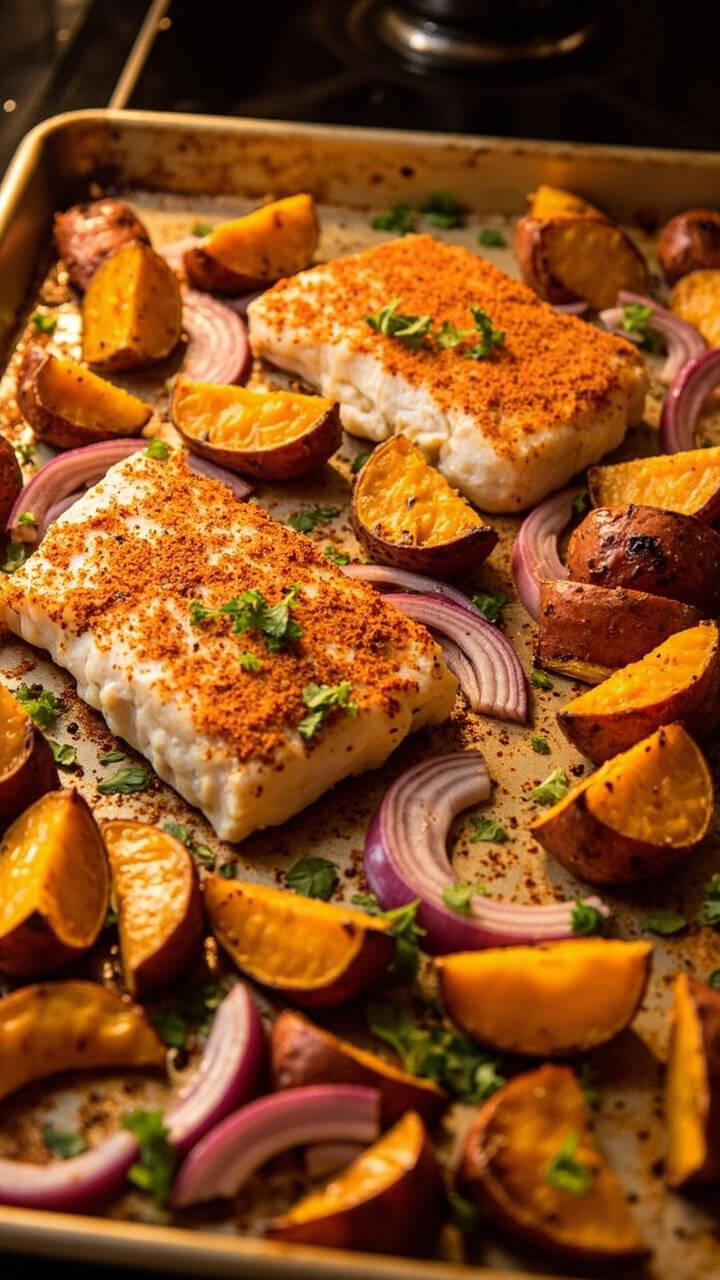 A baking sheet with paprika-dusted cod fillets nestled alongside golden sweet potato wedges and a few red onion slices. Everything is sprinkled with chopped cilantro. A baking sheet with paprika-dusted cod fillets nestled alongside golden sweet potato wedges and a few red onion slices. Everything is sprinkled with chopped cilantro.