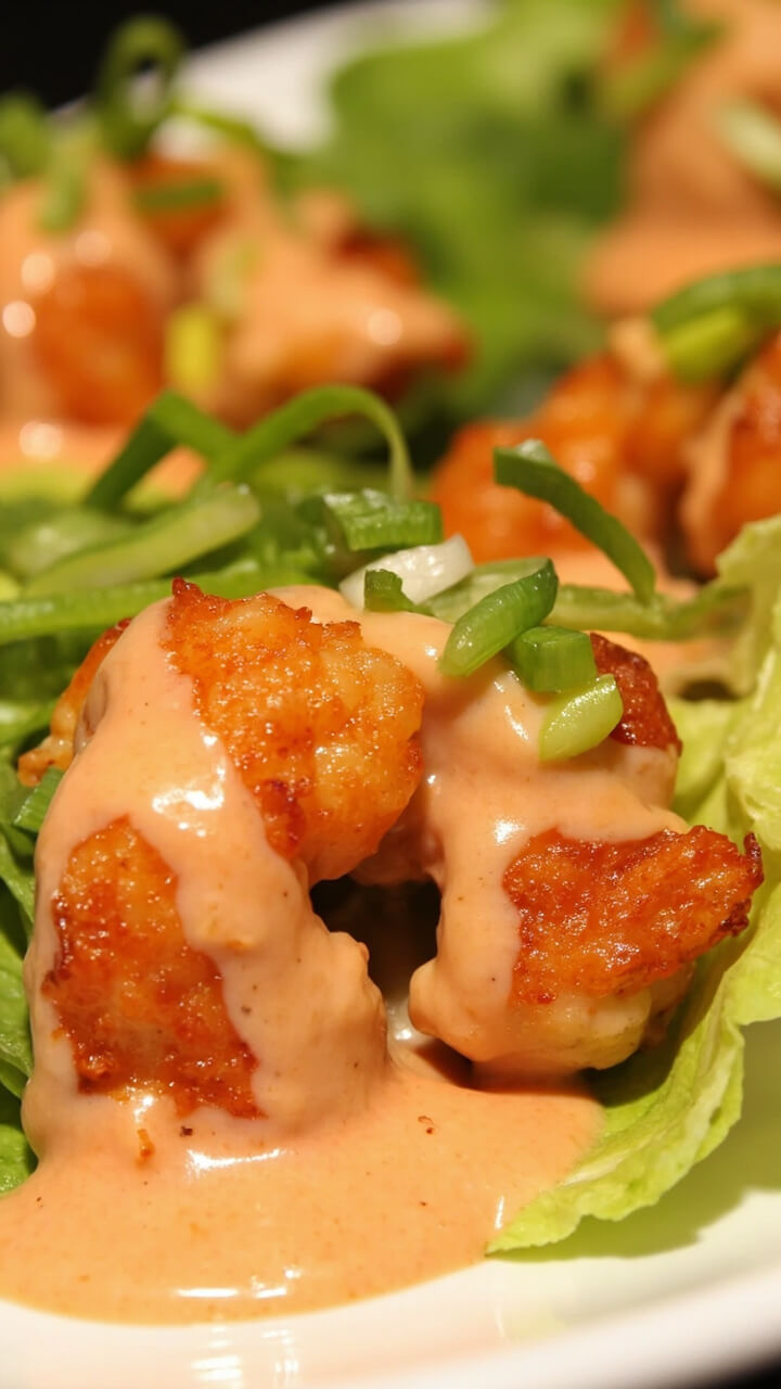 Crispy shrimp nestled inside small butter lettuce leaves, generously drizzled with creamy pink bang bang sauce, and topped with sliced green onions on round platter. Crispy shrimp nestled inside small butter lettuce leaves, generously drizzled with creamy pink bang bang sauce, and topped with sliced green onions on round platter.