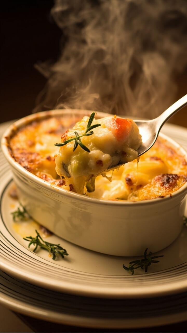 A small oval ceramic baking dish, layers of diced lobster and sautéed leeks beneath a bubbling, golden cheese crust, garnished with thyme, with a spoonful served onto a classic striped plate. A small oval ceramic baking dish, layers of diced lobster and sautéed leeks beneath a bubbling, golden cheese crust, garnished with thyme, with a spoonful served onto a classic striped plate.