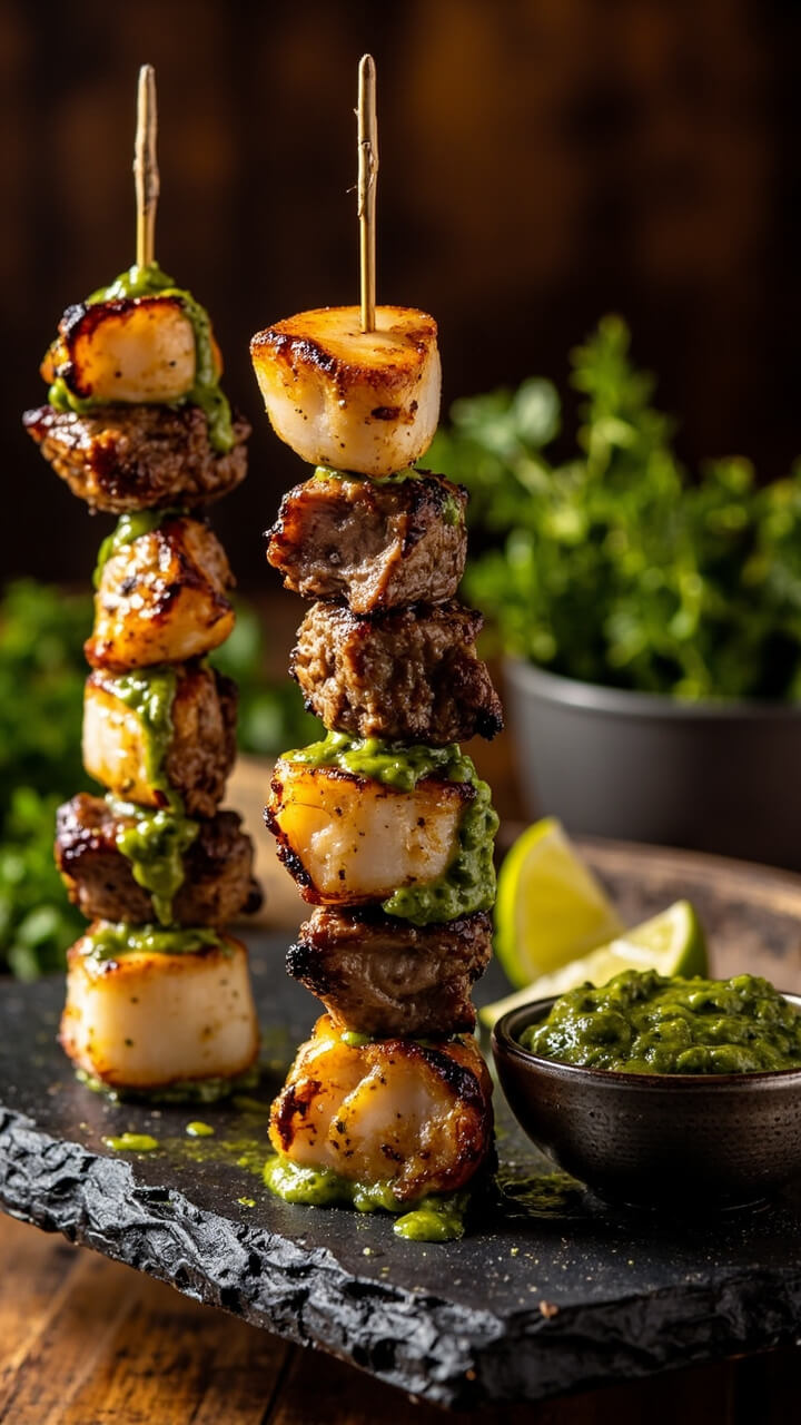 Three bamboo skewers stacked with alternating chunks of medium-rare steak and golden scallops, drizzled with vibrant green chimichurri sauce. They’re arranged on a slate platter with lime wedges and a bowl of extra chimichurri. Three bamboo skewers stacked with alternating chunks of medium-rare steak and golden scallops, drizzled with vibrant green chimichurri sauce. They’re arranged on a slate platter with lime wedges and a bowl of extra chimichurri.