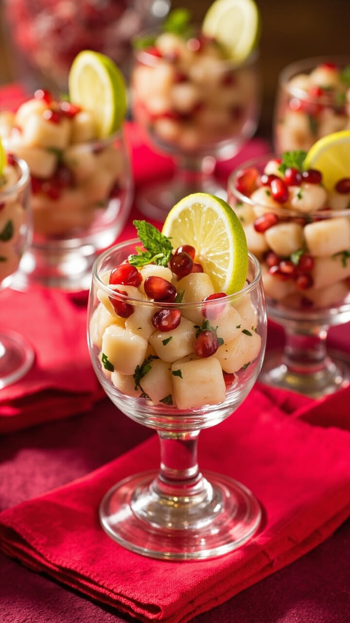 Small glass cups hold diced scallops marinated in citrus juices, dotted with ruby red pomegranate seeds and flecks of chopped mint. Each serving is garnished with a tiny wedge of lime, with a festive red cloth napkin underneath. Small glass cups hold diced scallops marinated in citrus juices, dotted with ruby red pomegranate seeds and flecks of chopped mint. Each serving is garnished with a tiny wedge of lime, with a festive red cloth napkin underneath.
