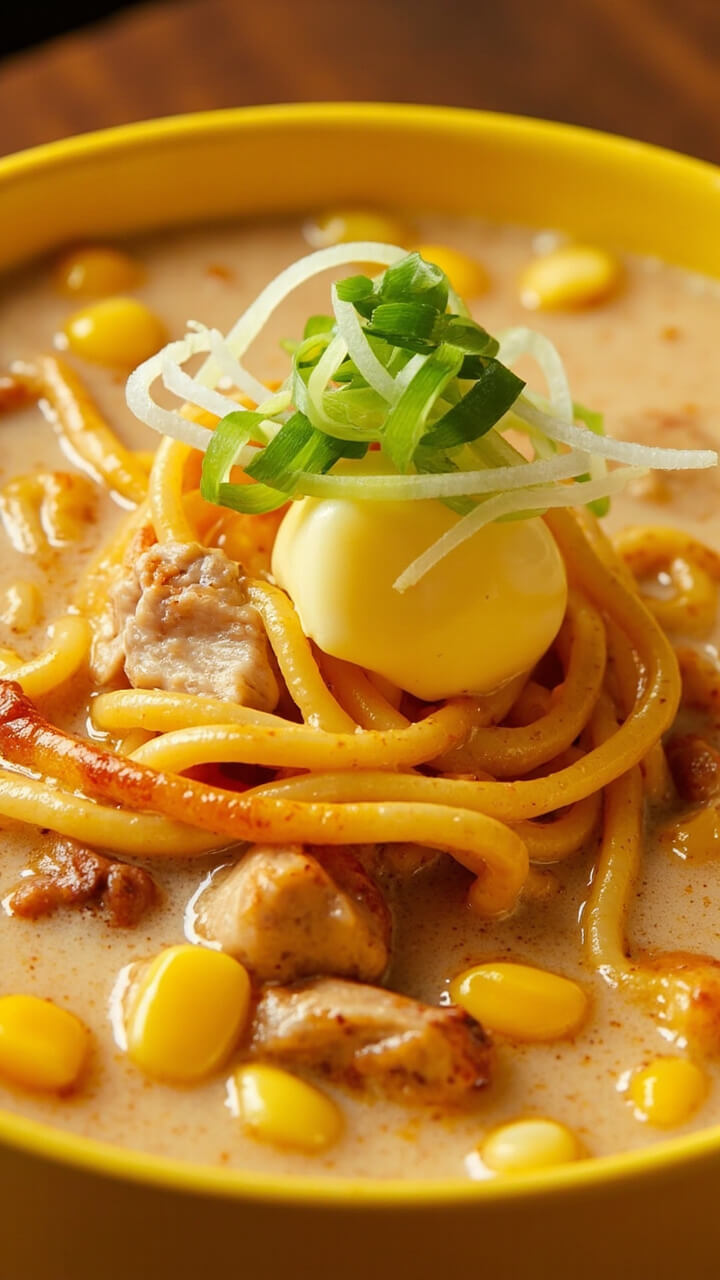 Milky broth layered with yellow ramen noodles, sweet corn kernels, chunks of tender pork, dollop of melting butter, and thin slices of green onion arranged in a cheerful yellow bowl. Milky broth layered with yellow ramen noodles, sweet corn kernels, chunks of tender pork, dollop of melting butter, and thin slices of green onion arranged in a cheerful yellow bowl.