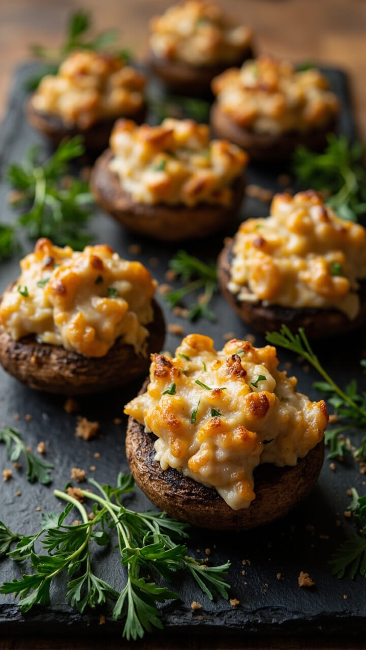 A tray of round, golden-brown mushroom caps stuffed with a creamy seafood mixture and topped with bubbling melted cheese, all arranged on a dark slate board with fresh parsley scattered around.