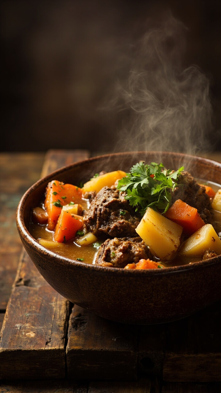 A rustic bowl filled with carrot, parsnip, and potato chunks alongside cubes of steak in a thick, rich broth, garnished with a handful of chopped parsley. A rustic bowl filled with carrot, parsnip, and potato chunks alongside cubes of steak in a thick, rich broth, garnished with a handful of chopped parsley.