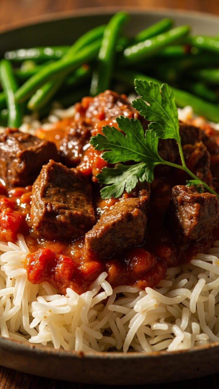 Tender steak slices in tomato sauce, garnished with parsley, served over fluffy white rice with steamed green beans. Tender steak slices in tomato sauce, garnished with parsley, served over fluffy white rice with steamed green beans.