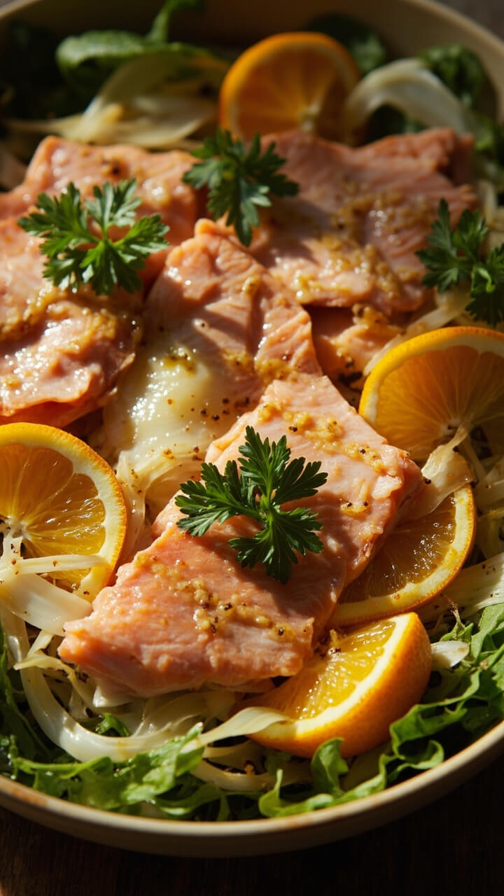 Large shallow bowl with flaked salmon, golden roasted fennel wedges, orange segments, and a drizzle of golden vinaigrette. Tender greens scatter beneath, and fresh parsley adds a pop of green. Large shallow bowl with flaked salmon, golden roasted fennel wedges, orange segments, and a drizzle of golden vinaigrette. Tender greens scatter beneath, and fresh parsley adds a pop of green.