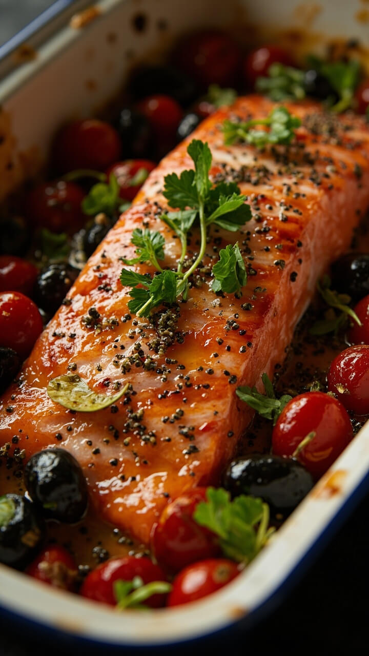 A salmon fillet nestled among cherry tomatoes and black olives, with a sprinkle of oregano and drizzle of olive oil. Everything is bubbling in a white enamel baking dish, with torn parsley on top.