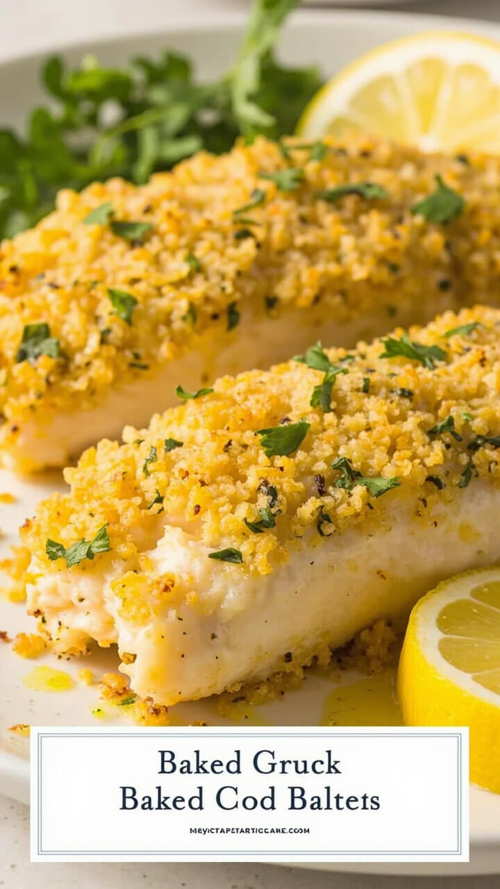 Baked cod fillets topped with a golden brown, crumbly panko-garlic butter crust, on a simple white plate. Garnished with fresh parsley and a lemon wedge, with the crumbs spilling slightly over the fish. Baked cod fillets topped with a golden brown, crumbly panko-garlic butter crust, on a simple white plate. Garnished with fresh parsley and a lemon wedge, with the crumbs spilling slightly over the fish.