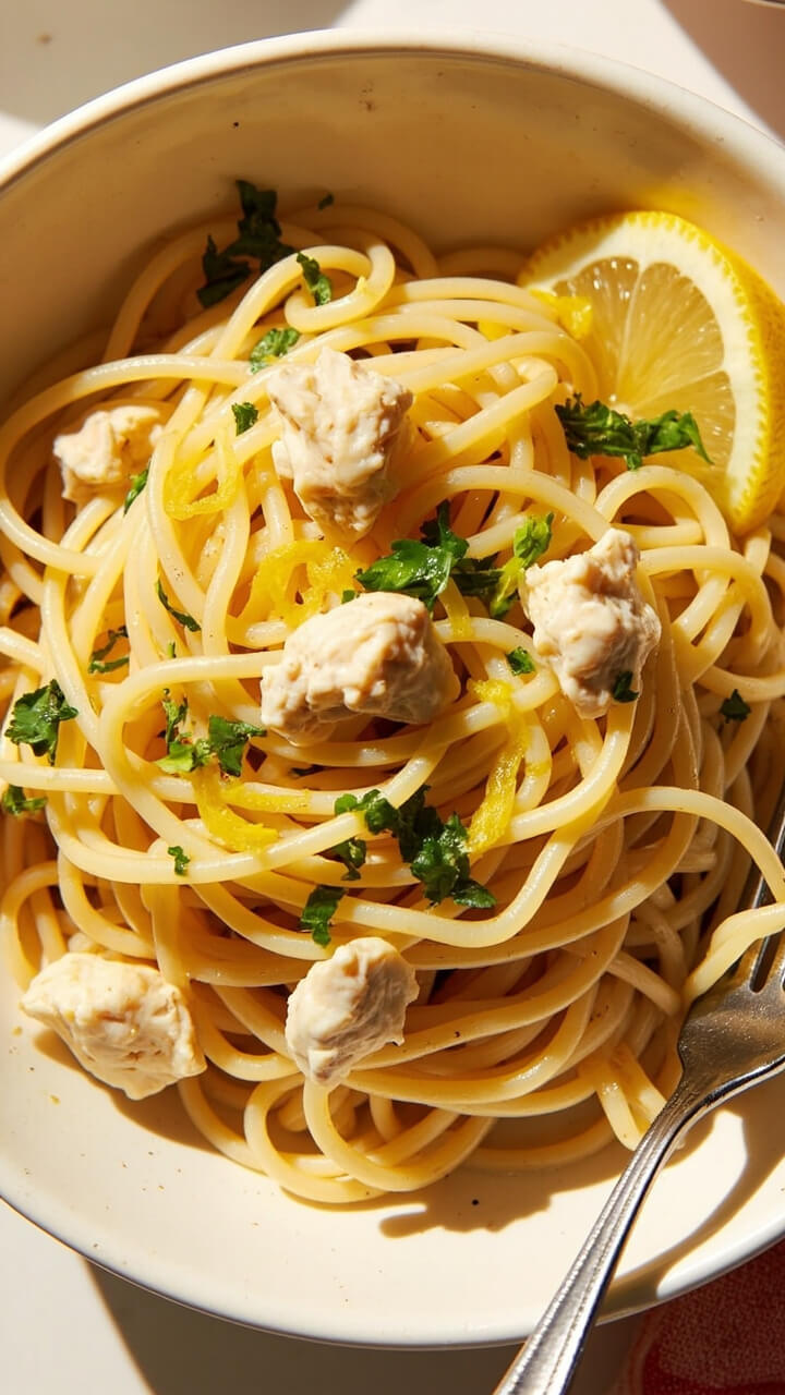 Al dente spaghetti twirled with chunks of white crab meat, bright flecks of parsley and lemon zest, served in a shallow white bowl. A fork rests invitingly on the side, and the dish is topped with a few lemon curls.