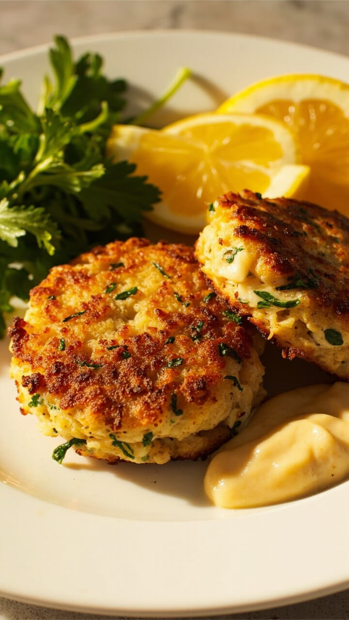 Golden-brown crab cakes atop a white plate, garnished with fresh parsley and lemon wedges, served with a dollop of creamy tartar sauce. The cakes look chunky and rustic, flecked with green herbs and crispy edges.