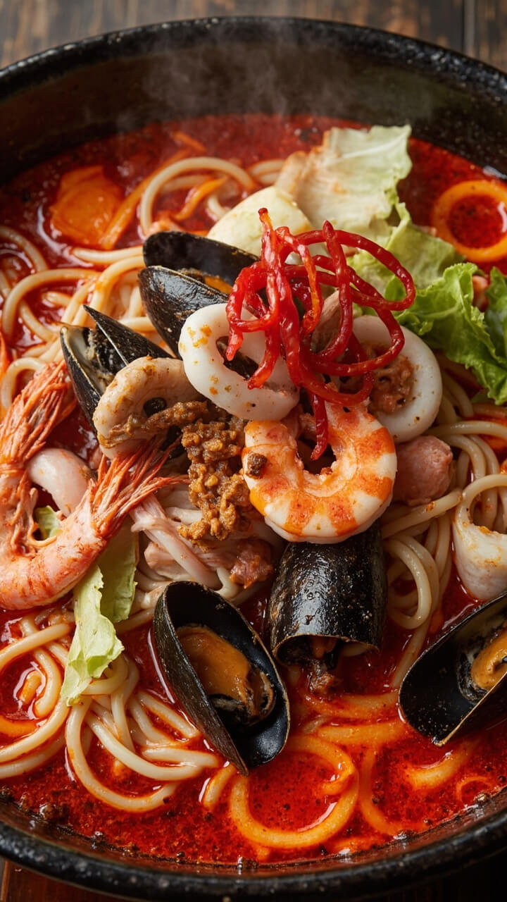 A big noodle bowl with fiery red broth, thick udon noodles, assorted seafood (mussels, squid, shrimp), napa cabbage, sliced carrots, and red chili threads on top.