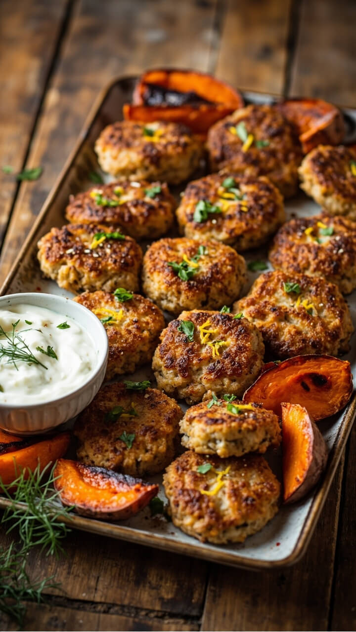 Neatly shaped golden-brown fish cakes on a rectangular platter, garnished with a sprinkle of lemon zest and parsley, a small bowl of yogurt-dill sauce on the side, wedges of roasted sweet potato nearby. Neatly shaped golden-brown fish cakes on a rectangular platter, garnished with a sprinkle of lemon zest and parsley, a small bowl of yogurt-dill sauce on the side, wedges of roasted sweet potato nearby.