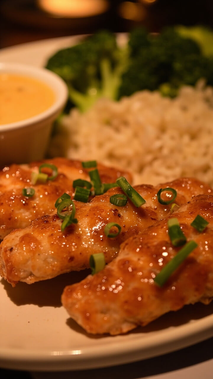 Catfish fillets glazed with a shiny golden amber sauce, sprinkled with chopped chives. A ramekin of extra honey mustard sauce sits beside, with a little white rice and steamed broccoli rounding out the plate.