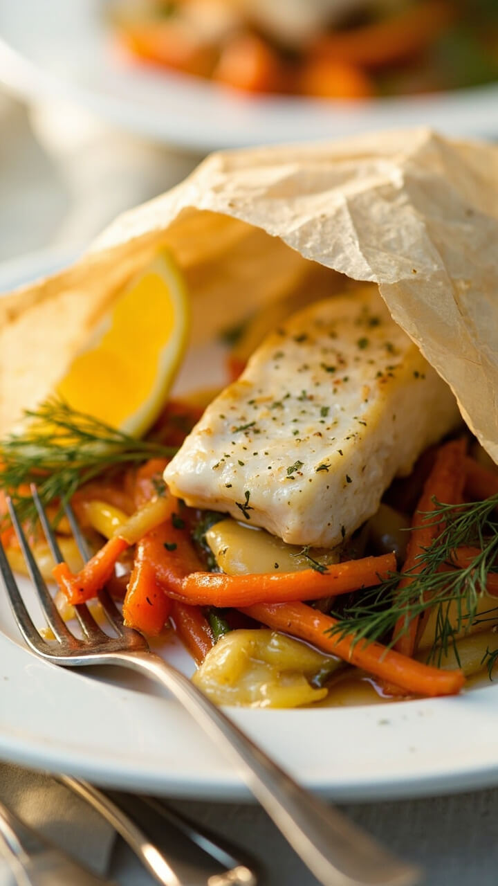 A parchment packet opened on a plate revealing a cod fillet atop julienned carrots, parsnips, and leeks, all glistening with a bit of white wine reduction. Sprigs of fresh dill and a wedge of lemon adorn the side, with a fork resting nearby.