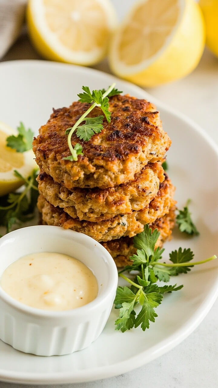Golden-brown crab cakes stacked on a ceramic serving plate, garnished with parsley, surrounded by a small bowl of pale lemon-caper dipping sauce, and halved lemons nearby for squeezing. Golden-brown crab cakes stacked on a ceramic serving plate, garnished with parsley, surrounded by a small bowl of pale lemon-caper dipping sauce, and halved lemons nearby for squeezing.