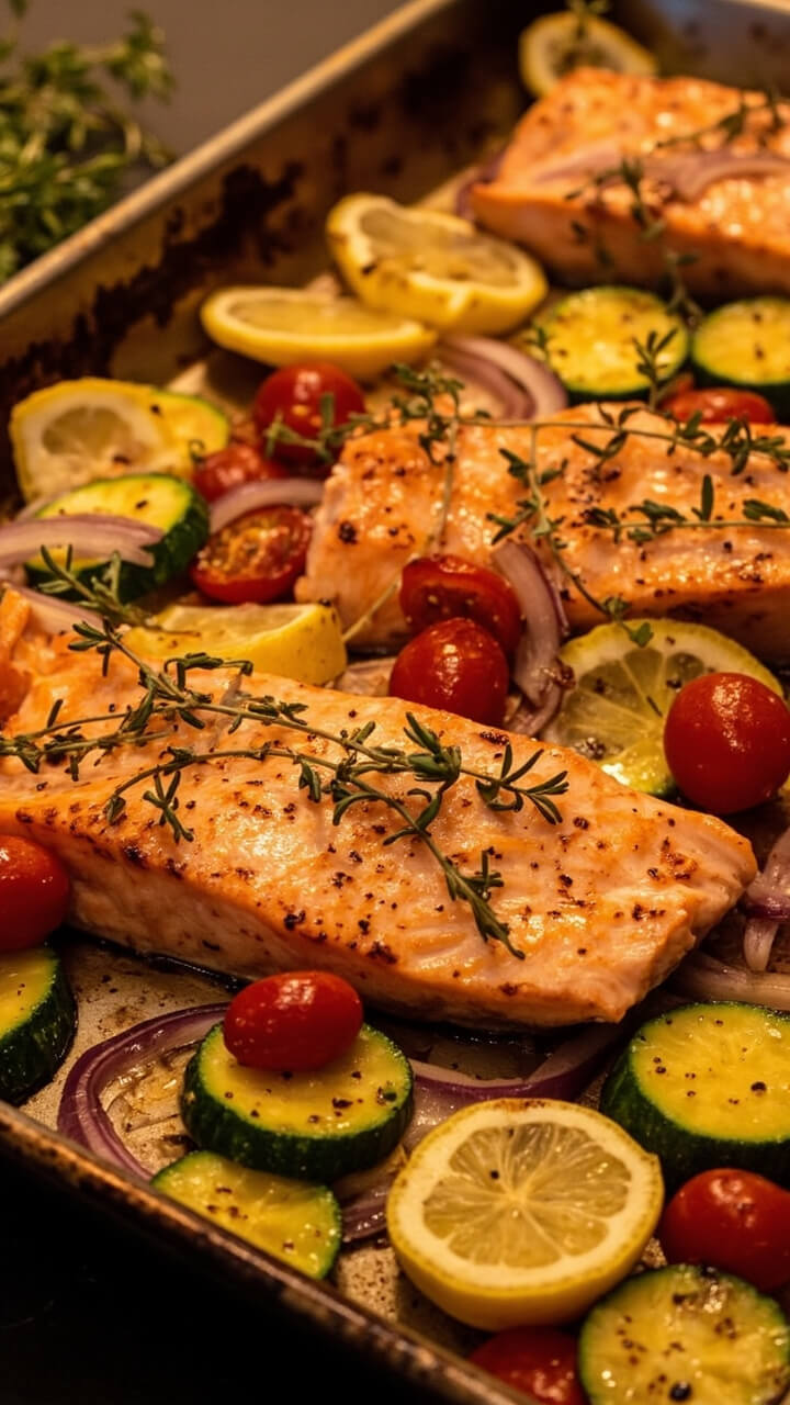 A rimmed baking sheet with roasted pink salmon fillets, surrounded by colorful vegetables (sliced zucchini, cherry tomatoes, red onion), garnished with lemon slices and fresh thyme sprigs. A rimmed baking sheet with roasted pink salmon fillets, surrounded by colorful vegetables (sliced zucchini, cherry tomatoes, red onion), garnished with lemon slices and fresh thyme sprigs.