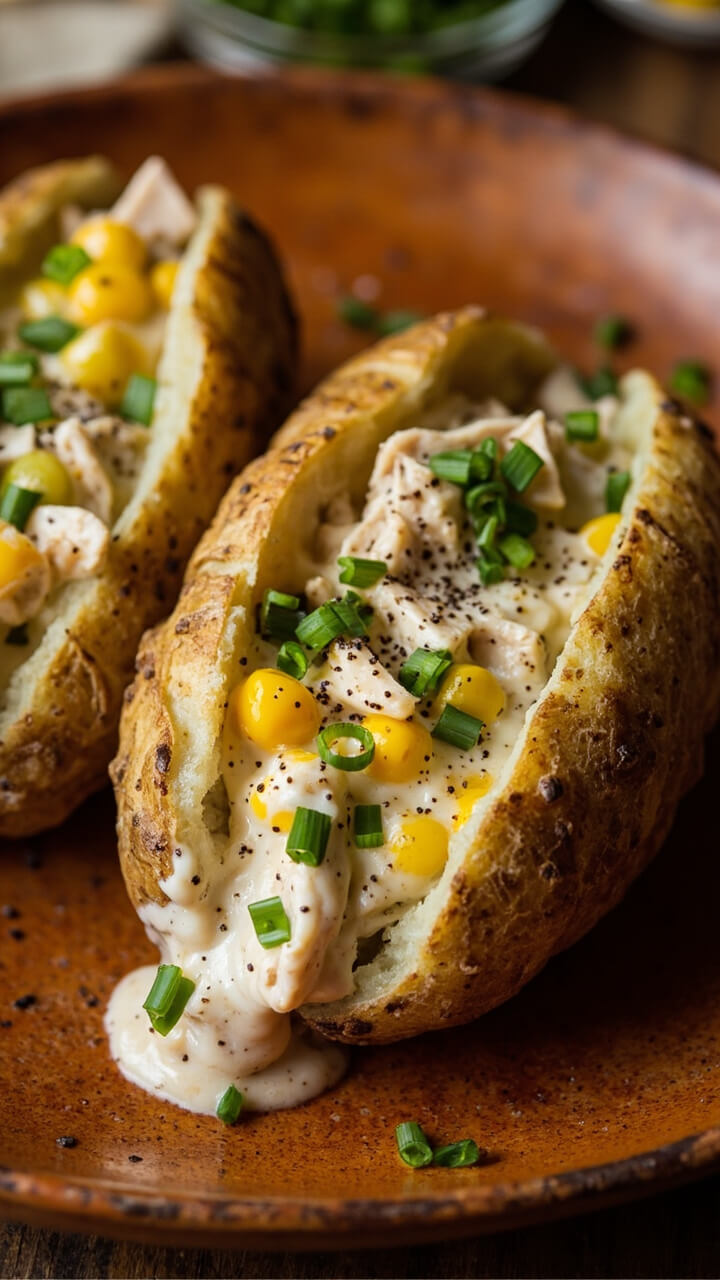 Baked russet potatoes split open and filled with a creamy tuna and sweetcorn mixture, finished with chopped chives and black pepper, on a large rustic plate.