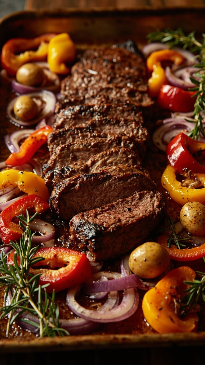 Slices of roasted sirloin steak on a large metal sheet pan, surrounded by colorful bell peppers, red onions, and baby potatoes, all sprinkled with fresh herbs. Slices of roasted sirloin steak on a large metal sheet pan, surrounded by colorful bell peppers, red onions, and baby potatoes, all sprinkled with fresh herbs.