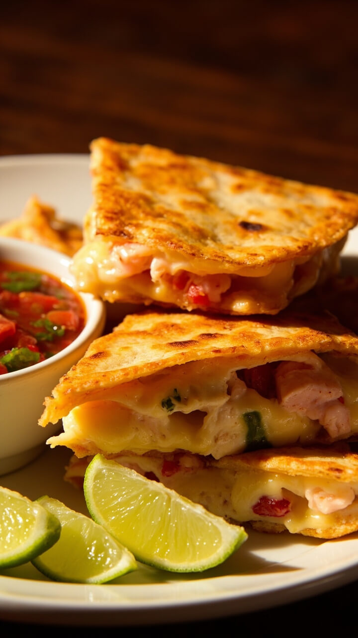 Golden crisp quesadilla triangles with visible bits of pink langostino lobster and melty cheese, stacked on a plate, served with a small bowl of salsa and lime wedges.