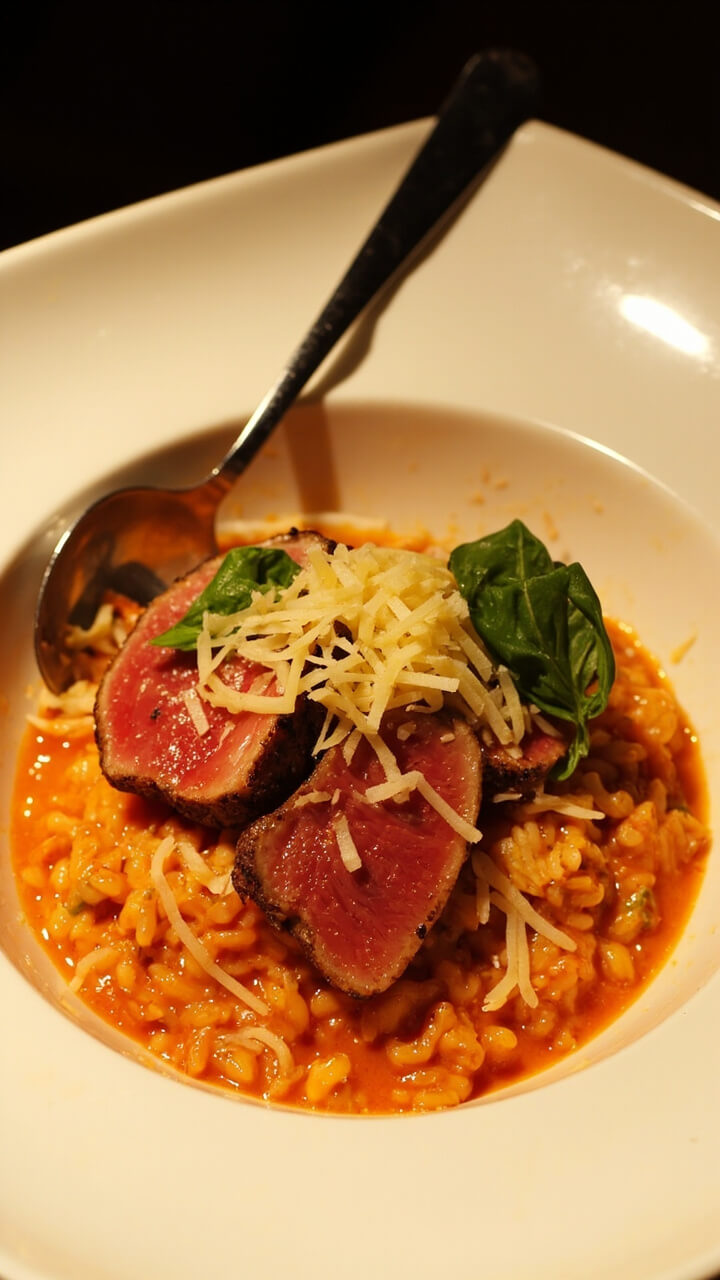 A scoop of creamy tomato-basil risotto topped with thick tuna steak slices, garnished with shredded Parmesan and fresh basil. Served in a shallow white bowl with a spoon.
