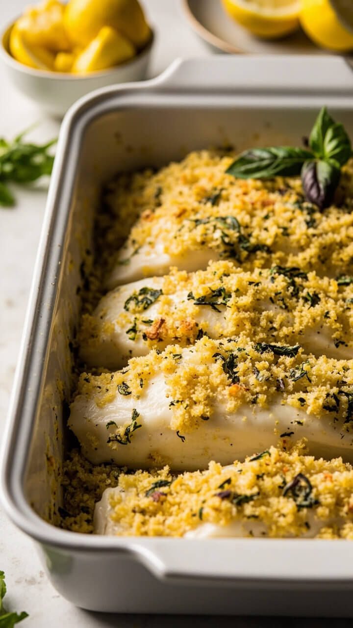 A white rectangular baking dish with thick halibut fillets topped with golden bread crumbs mixed with fresh basil and lemon zest. A small bowl of extra lemon wedges sits to the side, with a fresh basil sprig as garnish. A white rectangular baking dish with thick halibut fillets topped with golden bread crumbs mixed with fresh basil and lemon zest. A small bowl of extra lemon wedges sits to the side, with a fresh basil sprig as garnish.