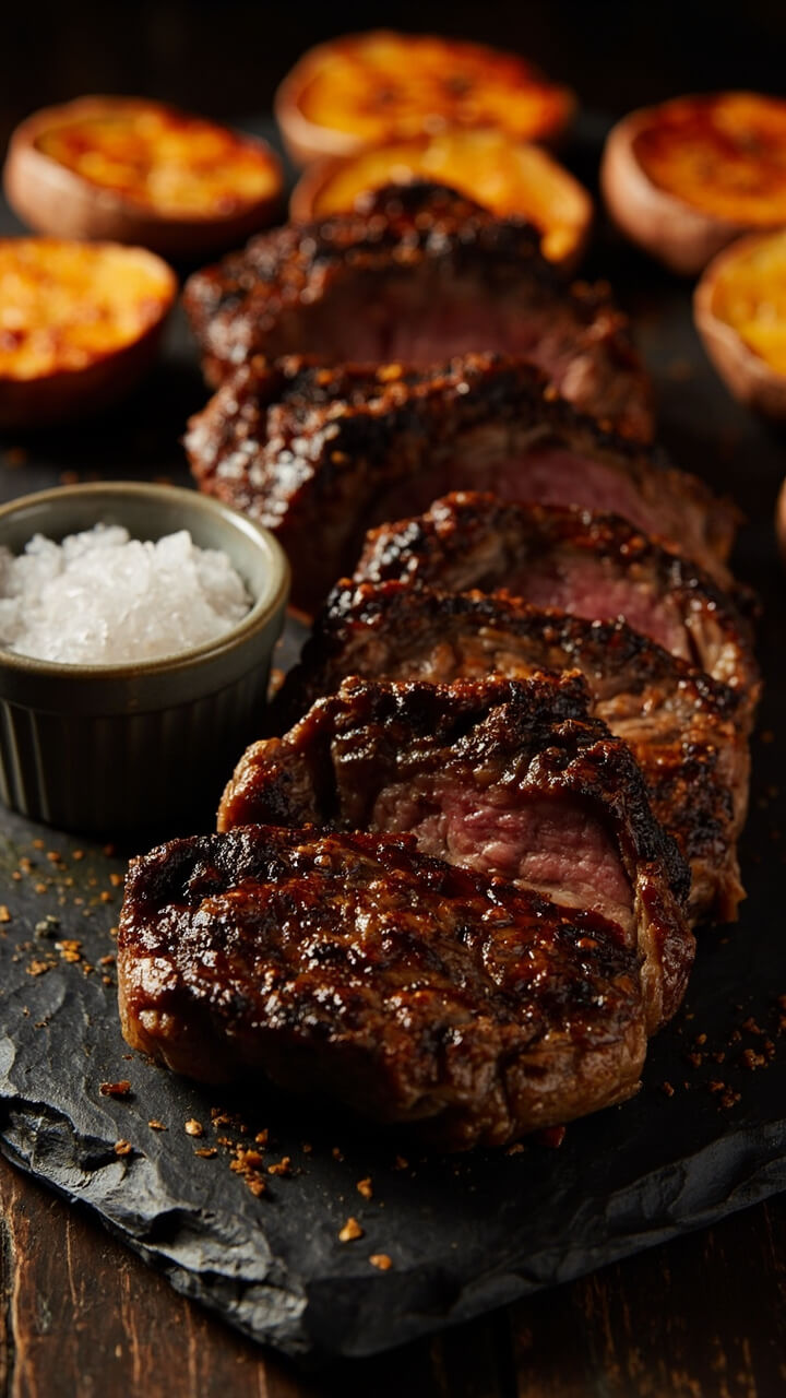 Darkly crusted slices of steak on a slate serving tray, crusted with flecks of coffee grounds and smoky spices. There’s a ramekin of coarse salt next to the steak. Roasted sweet potato rounds line the edge of the board.