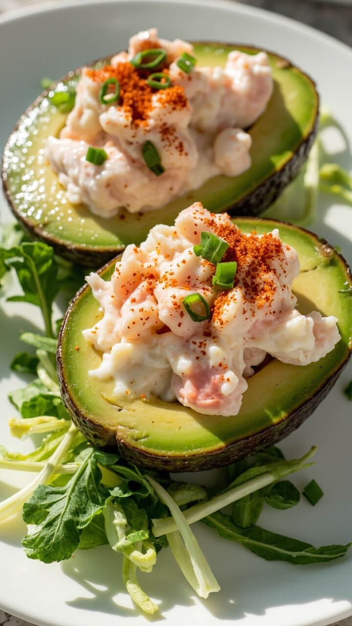 Halved avocados, each cavity filled with creamy, pink langostino salad, sprinkled with paprika and chives, arranged on a white platter with mixed greens.