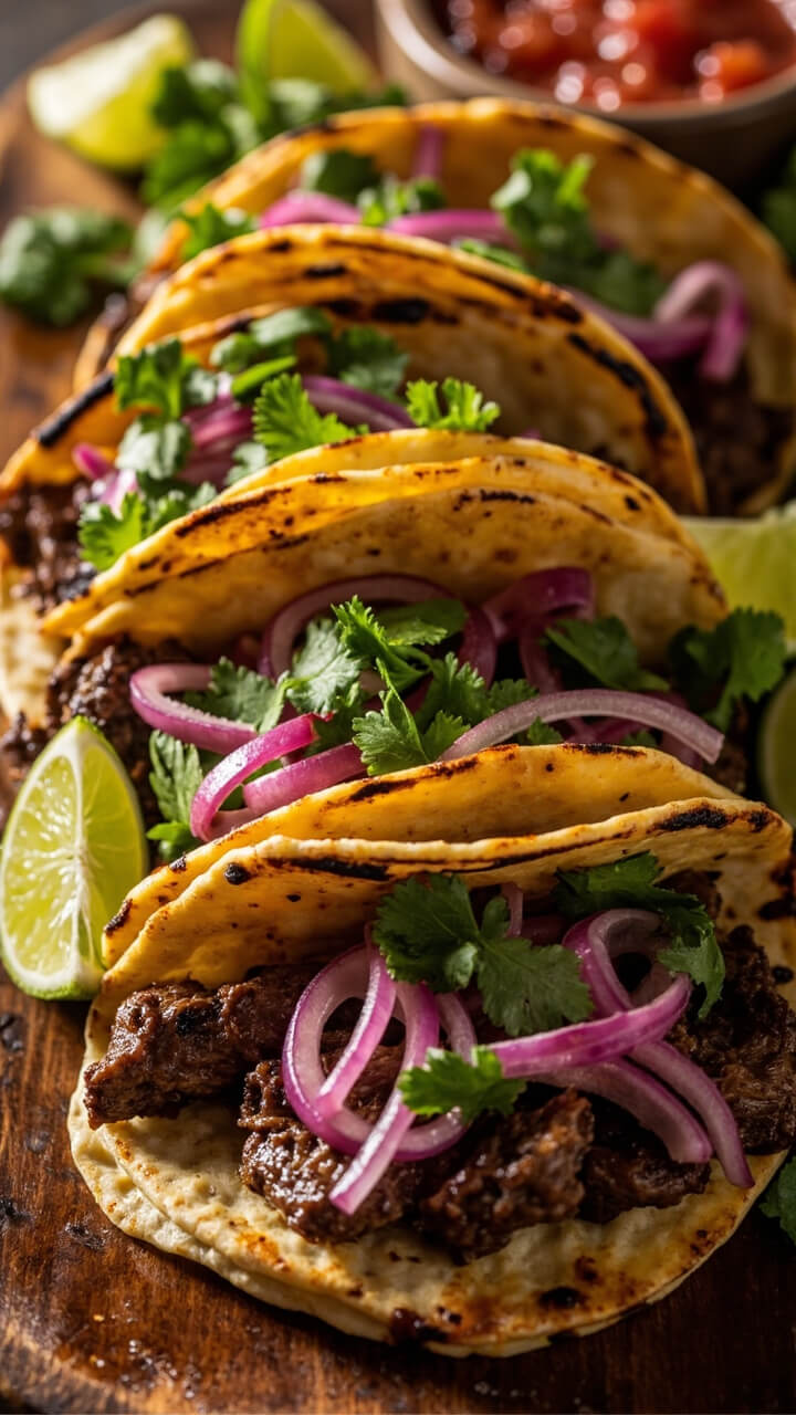 Corn tortillas stacked with juicy slices of steak, crowned with bright pink pickled onions and fresh cilantro. Lime wedges sit on the side, and a bowl of salsa is nearby. The tacos are arranged on a wooden serving board.